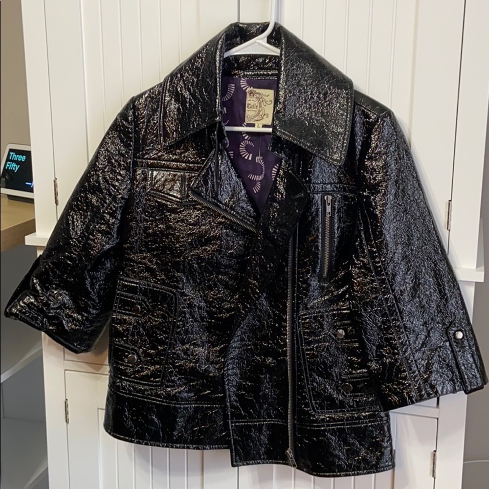 3/4 sleeve black pleather motojacket